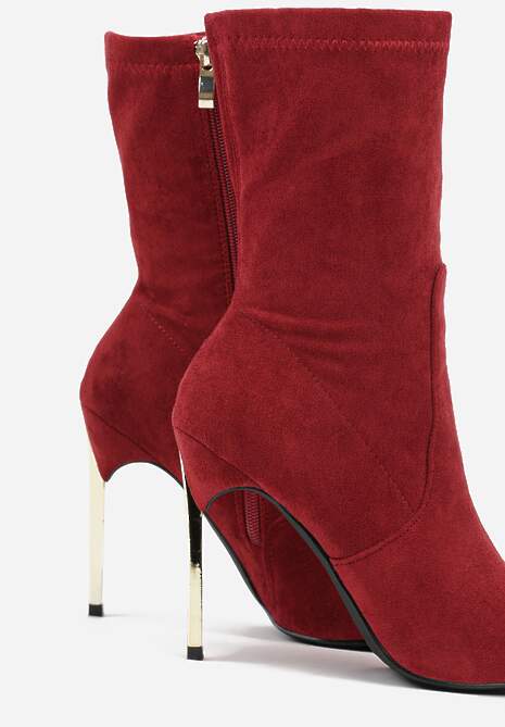 Bordowe Botki na Szpilce Ozdobione Metaliczną Wstawką Amiltia