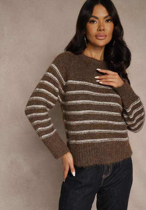 Brązowy Sweter z Dodatkiem Wełny Ozdobiony Paskami Liatella