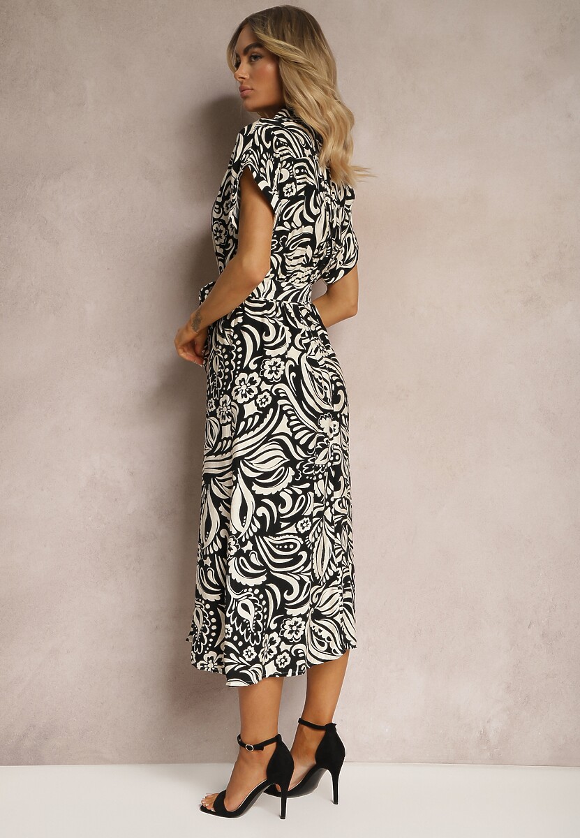 Czarna Sukienka o Koszulowym Kroju z Gumką w Talii z Materiałowym Paskiem i Guzikami Foliana