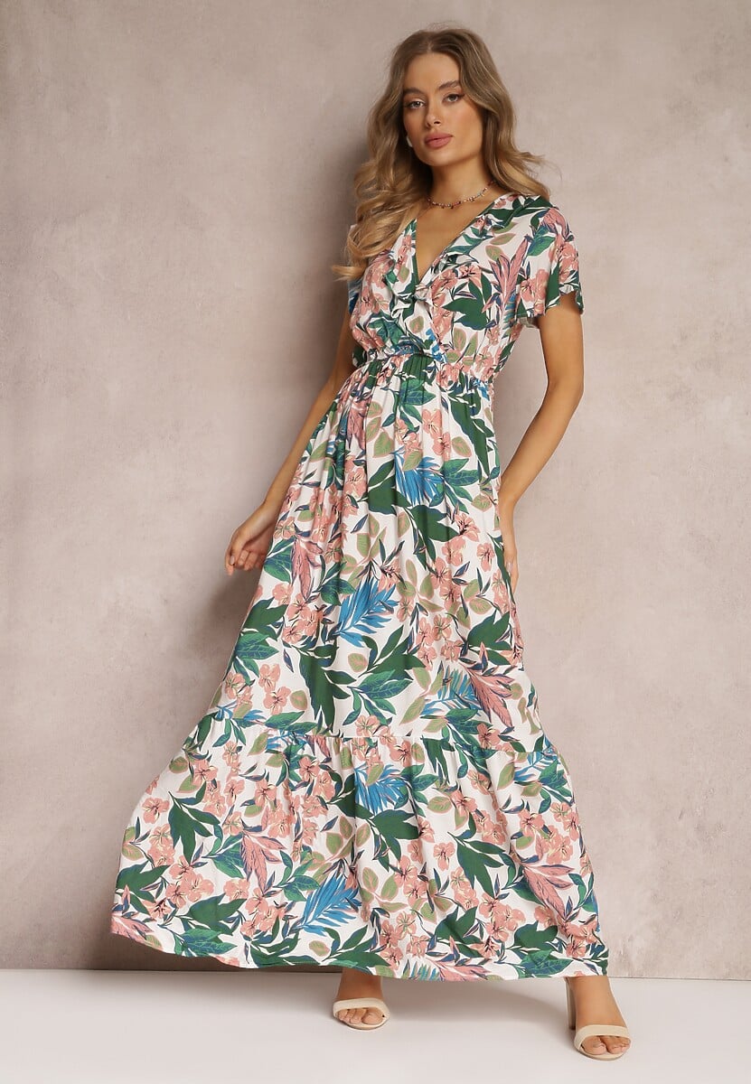 Biało-Zielona Sukienka z Wiskozy Maxi w Kwiaty Mahiza