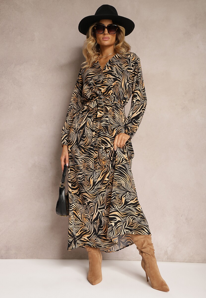 Czarno-Brązowa Kopertowa Sukienka Długa w Abstrakcyjny Wzór z Paskiem w Talii Elennora