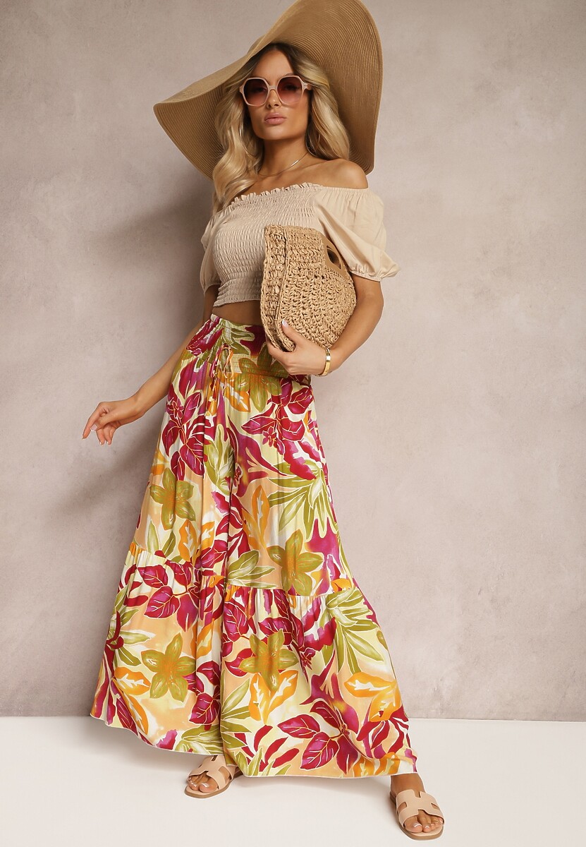 Żółto-Różowe Spodnie High Waist z Wiskozy Typu Palazzo z Gumkami w Talii Haestria