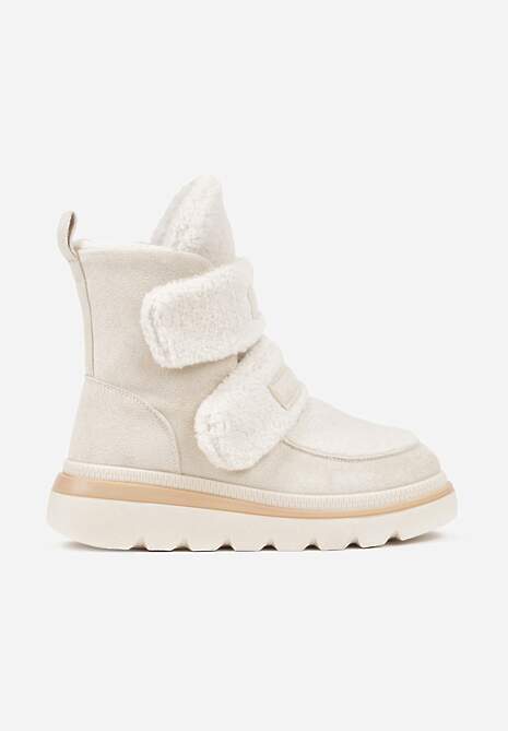 Beżowe Botki Typu Śniegowce na Platformie z Dwoma Ozdobnymi Rzepami Edarlia