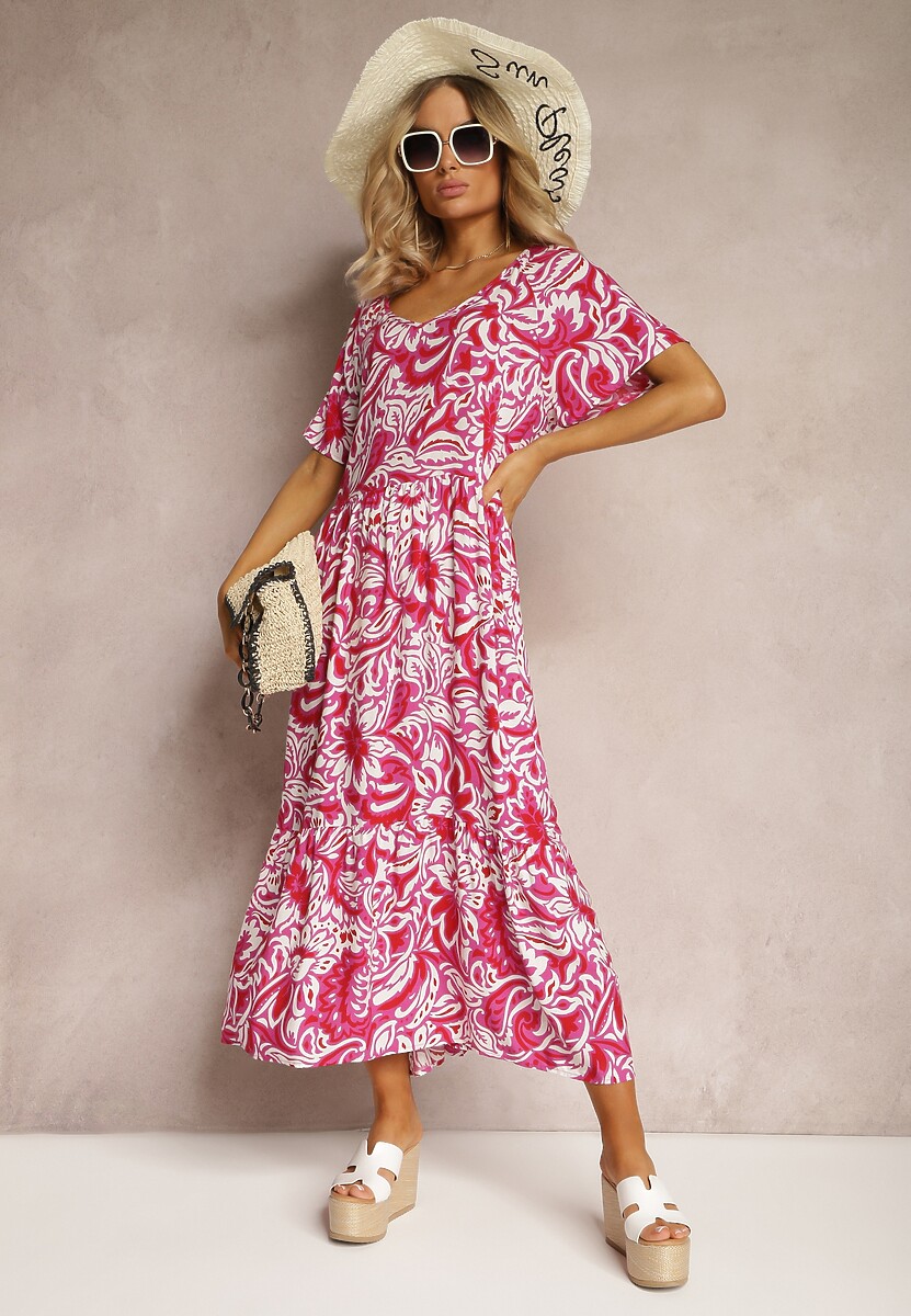 Różowa Sukienka z Wiskozy Zdobiona Falbankami z Krótkim Rękawem Danibella