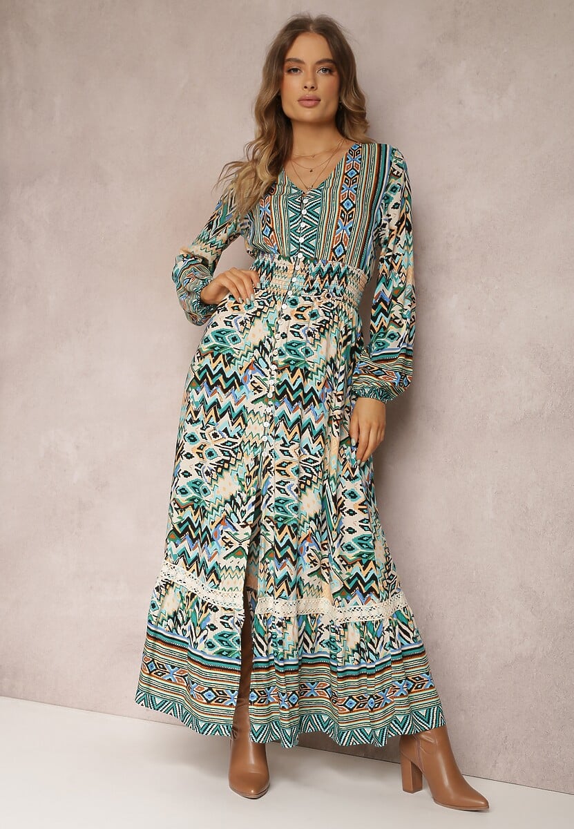 Zielona Sukienka z Gumką w Talii w Etno Wzór Kapha