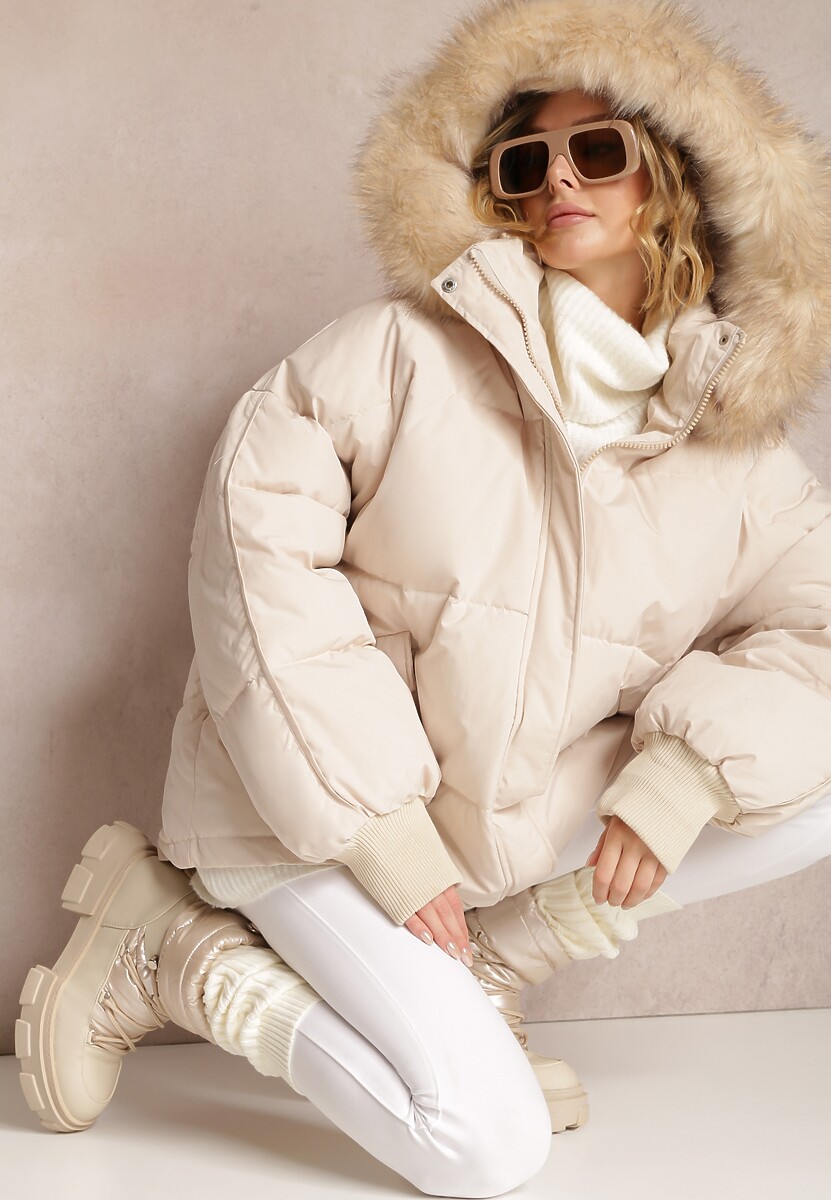 Beżowa Kurtka Oversize z Futrzanym Kapturem Haduni