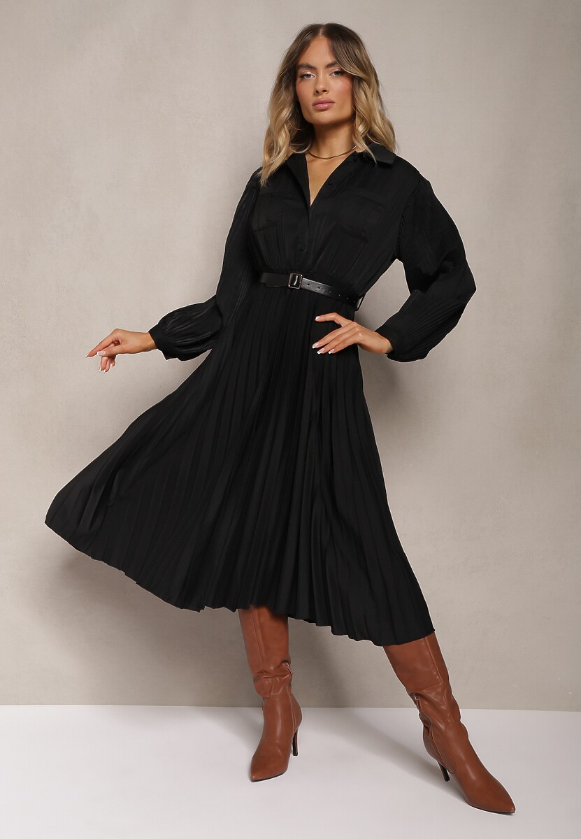 Czarna Rozkloszowana Sukienka Midi z Guzikami i Paskiem Ozdobiona Plisowaniem Lathori