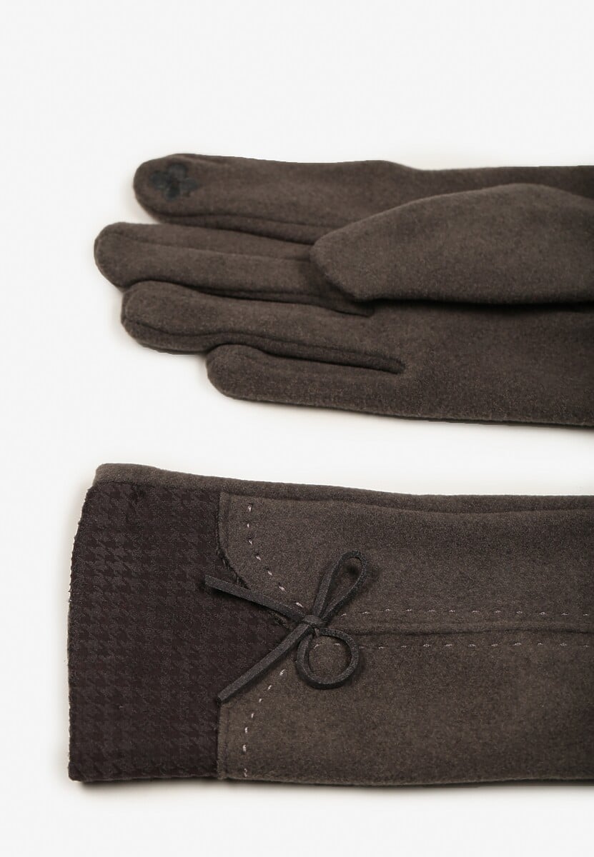 Brązowe  Rękawiczki z Bawełną Cyrkoniami i Kokardką Adelirra