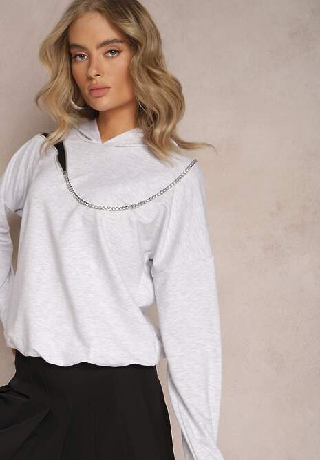 Szara Asymetryczna Bluza z Bawełny z Kapturem i Ozdobnym Suwakiem Lueur