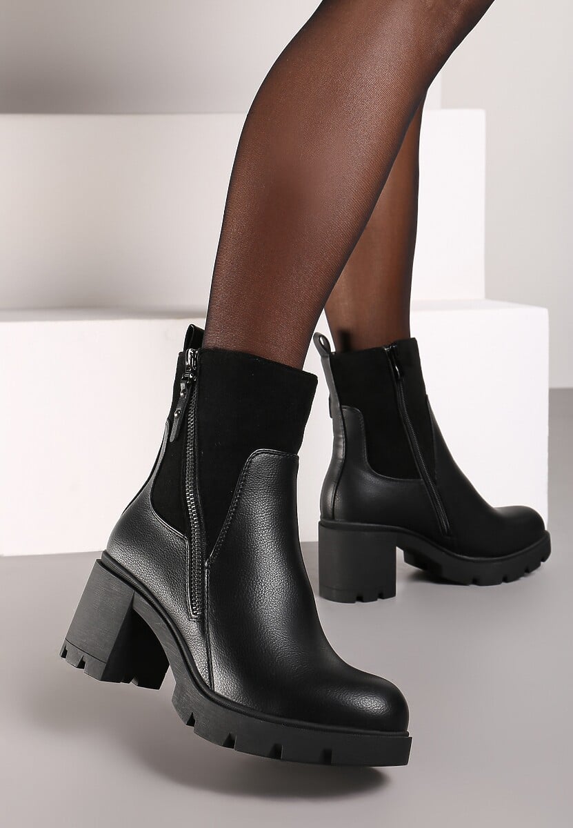 Zielone Botki na Słupku i Platformie z Tłoczeniem Ozdobione Asymetrycznym Suwakiem Vivizia