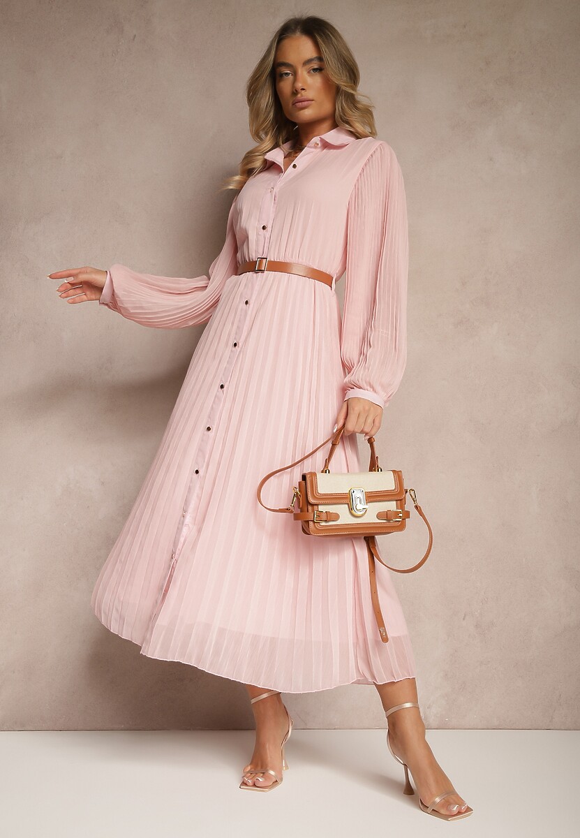 Zielona Koszulowa Sukienka z Plisami i Dodatkowym Paskiem Miarosea