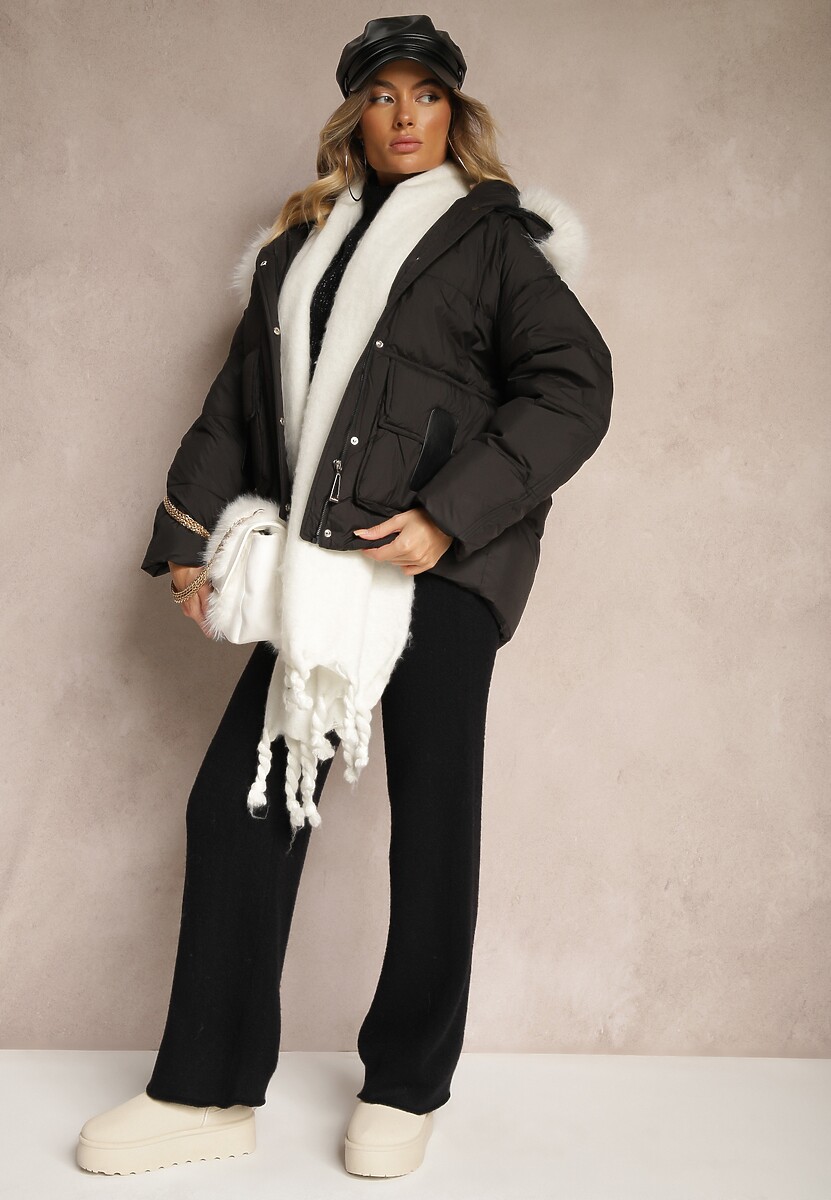 Czarna Kurtka z Kieszeniami i Odpinanym Kołnierzem z Futerka Nomilaine