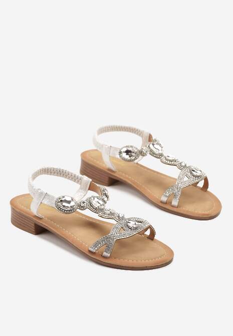 Srebrne Sandały na Płaskiej Podeszwie Zdobione Cyrkoniami Tanoriela