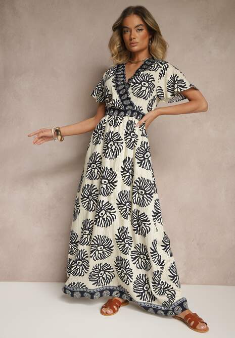 Niebieska Sukienka w Print Boho z Wiskozy Rozkloszowana z Dekoltem V Palarina