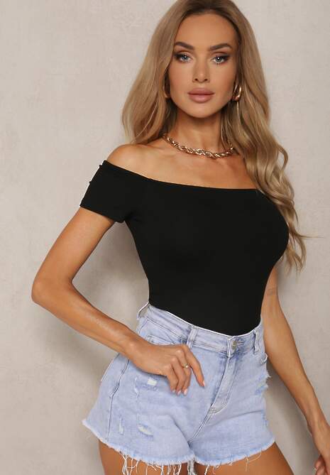 Czarny Bawełniany T-shirt Top z Hiszpańskim Dekoltem Ertalissa