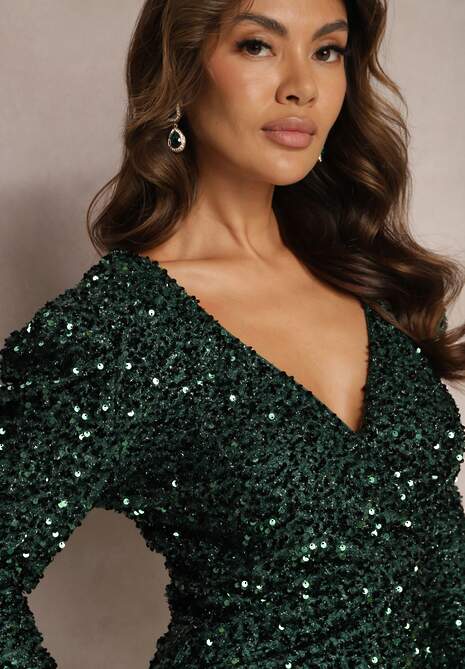 Ciemnozielona Sukienka Mini w Cekiny z Kopertowym Dekoltem Elegaia