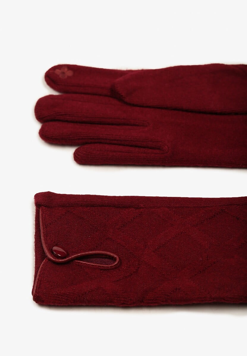 Bordowe Rękawiczki z Bawełną Ozdobione Rombami i Guzikiem Fenemi
