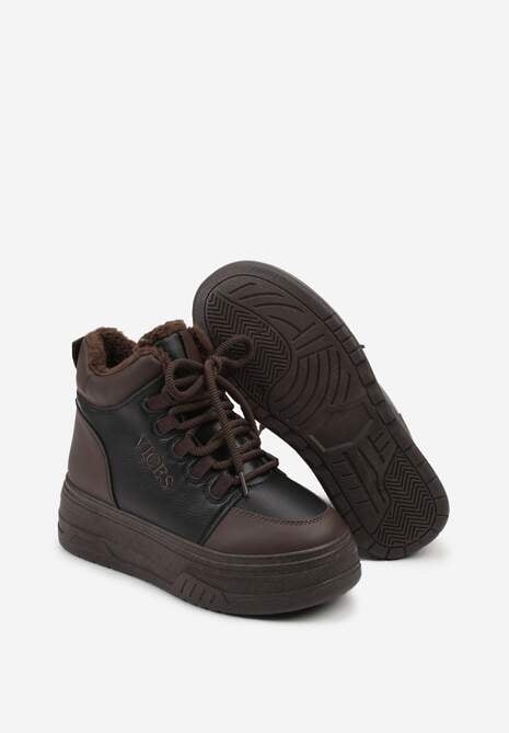 Czarno-Brązowe Sneakersy Śniegowce Vices na Tłoczonej Platformie z Napisem Olinnea