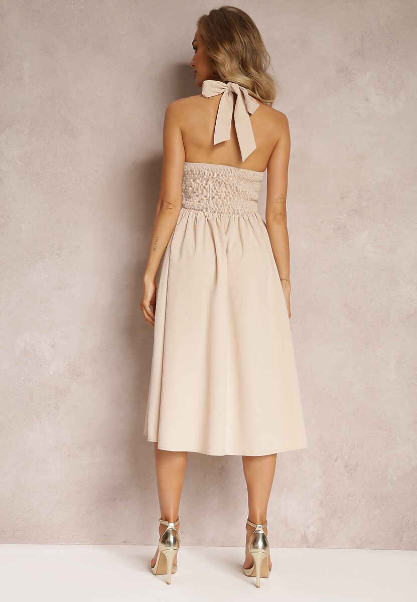 Beżowa Rozkloszowana Sukienka Midi z Wiązaniem na Szyi Phinadi