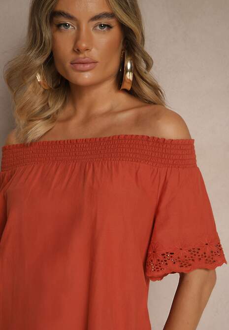 Pomarańczowa Sukienka o Kroju Hiszpanki z Bawełny z Ażurowymi Zdobieniami Filviana