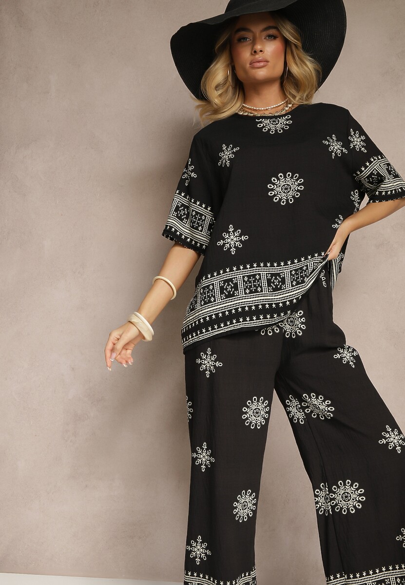 Ciemnozielony Komplet Boho z Wiskozy Szerokie Spodnie i T-shirt z Haftem Zeirae