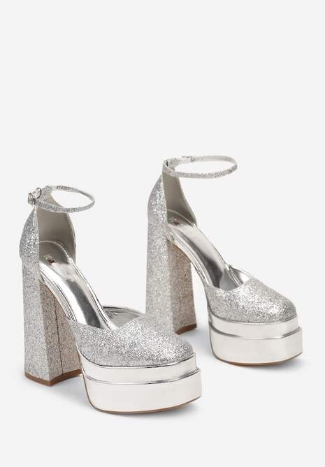 Srebrne Brokatowe Eleganckie Sandały na Platformie i Słupku Mericiana