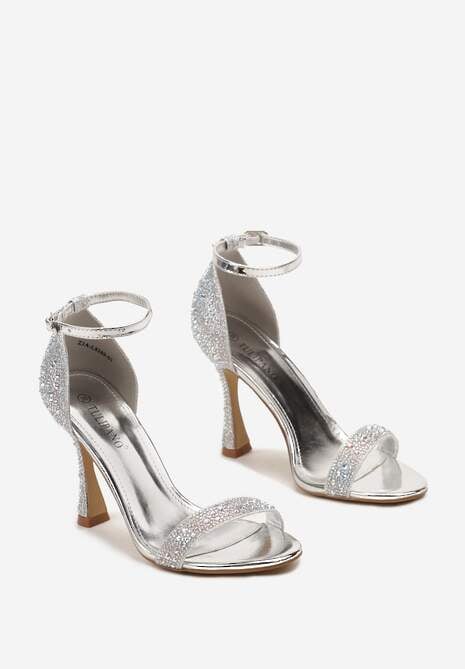 Srebrne Brokatowe Sandały na Klepsydrowej Szpilce z Drobnymi Cyrkoniami Isoldis