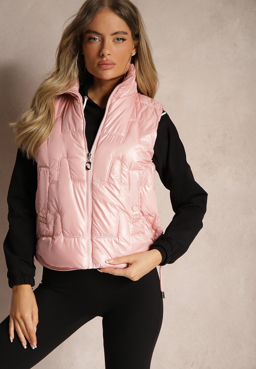 Ciemnobeżowa Kamizelka Pikowana Ozdobiona Troczkami i Stójką Terinora