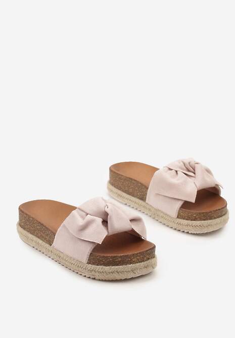 Różowe Płaskie Klapki z Wkładką z Imitacji Skóry i Ozdobną Kokardą Vrisas