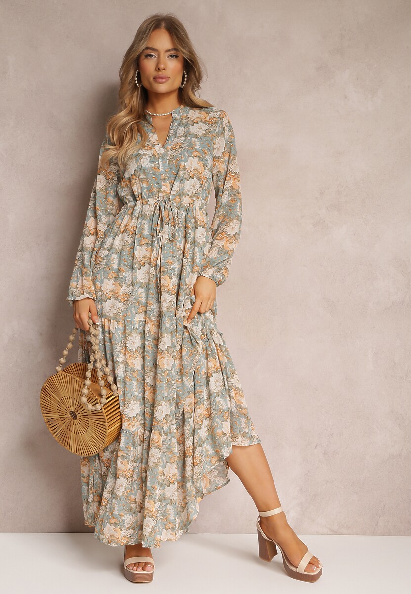 Jasnozielona Sukienka Maxi Ściągana w Pasie z Metaliczną Nitką i Rozkloszowanym Dołem Kiaza