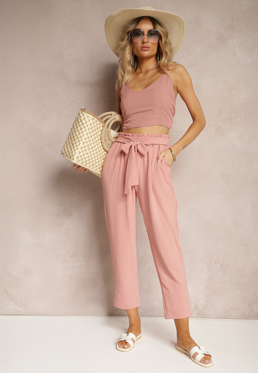 Ciemnozielone Spodnie High Waist Wiązane w Pasie Wykończone Gumką w Talii Dimixi