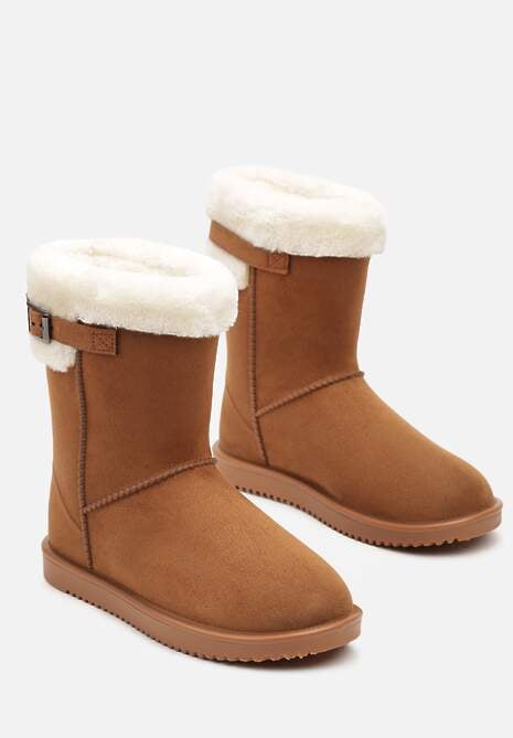 Brązowe Śniegowce z Ekozamszu Zdobione Futerkiem i Paskiem ze Sprzączką Leathor