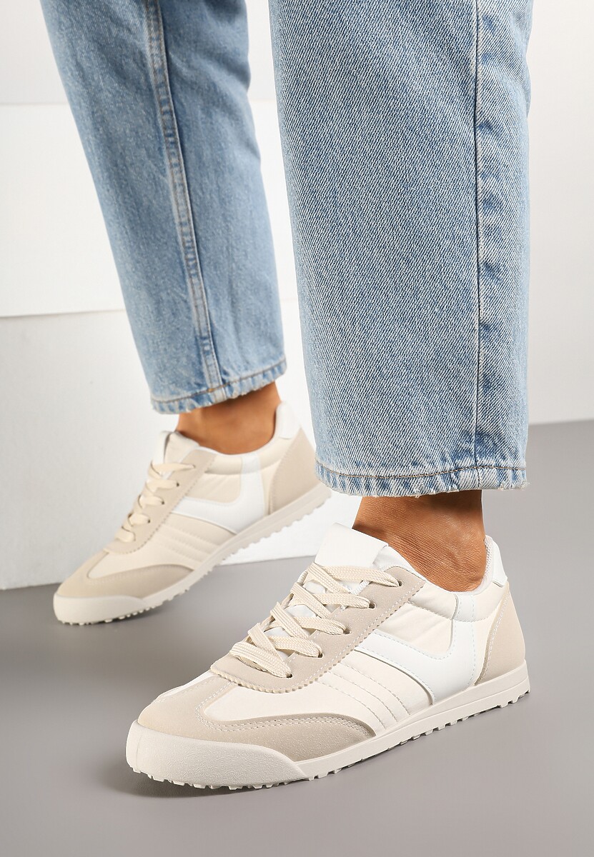 Beżowe Sneakersy Typu Tenisówki z Kontrastowymi Wstawkami Feladith