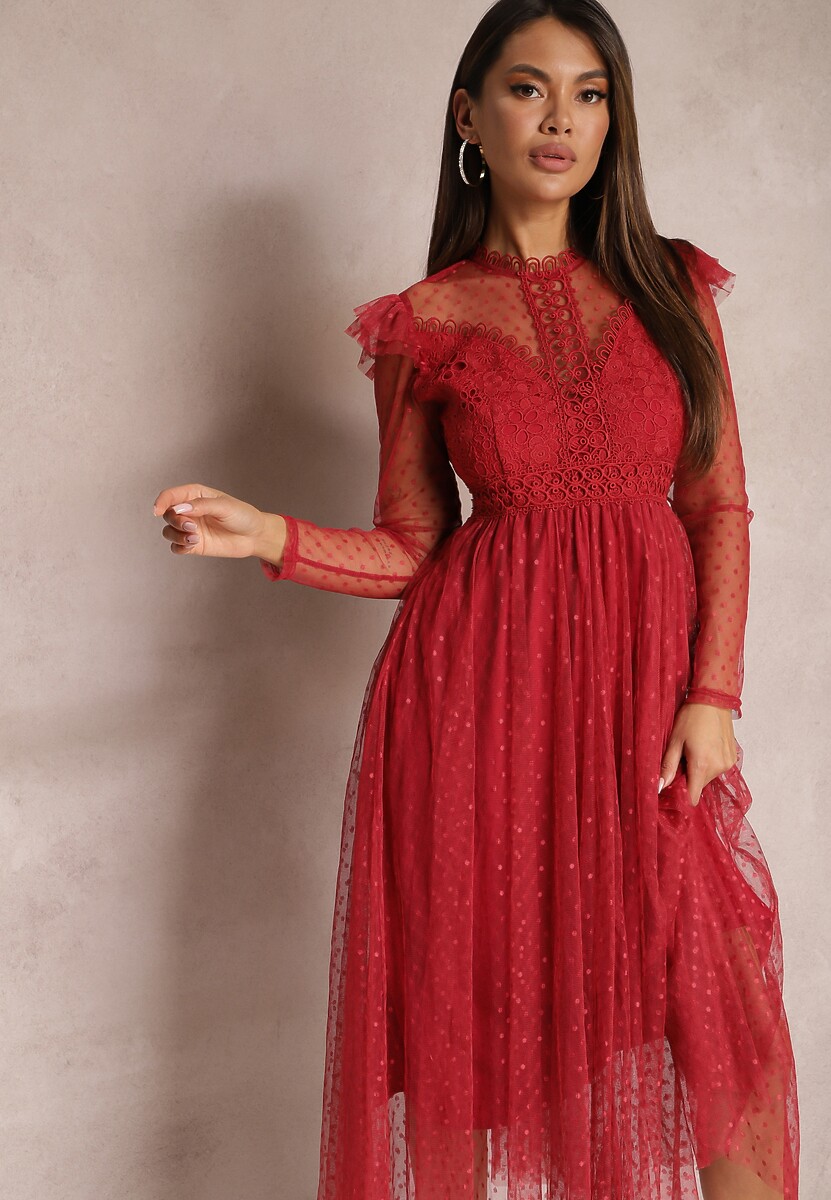 Bordowa Sukienka z Koronką i Tiulem Welvia