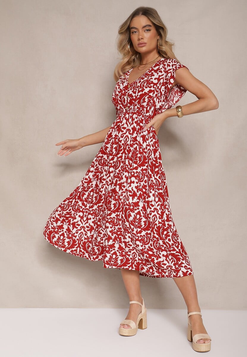 Bordowa Sukienka z Bawełny Rozkloszowana z Falbanami w Roślinny Wzór Zalimara