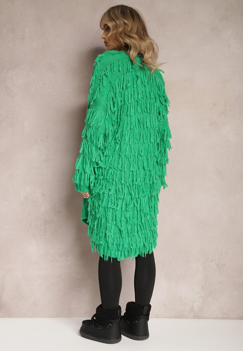 Zielony Niezapinany Kardigan w Ozdobne Frędzle Massawa