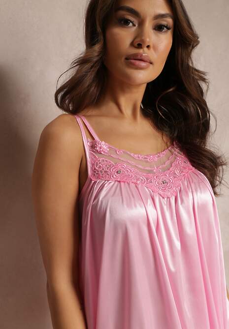 Jasnoróżowa Satynowa Koszula Nocna z Cienkimi Ramiączkami i Koronką Maceille