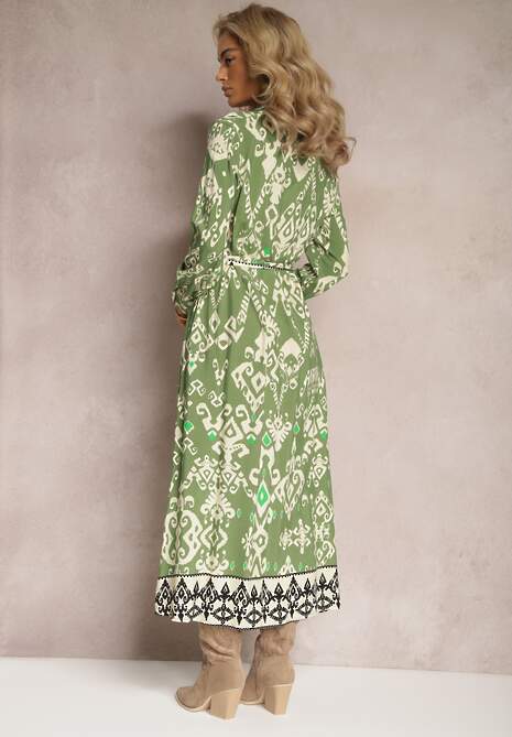 Zielona Sukienka Koszulowa Rozkloszowana z Wiązaniem Vern