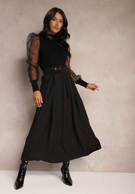 Czarna Spódnica z Wiskozą o Rozkloszowanym Kroju z Paskiem i Gumką w Talii Prianna