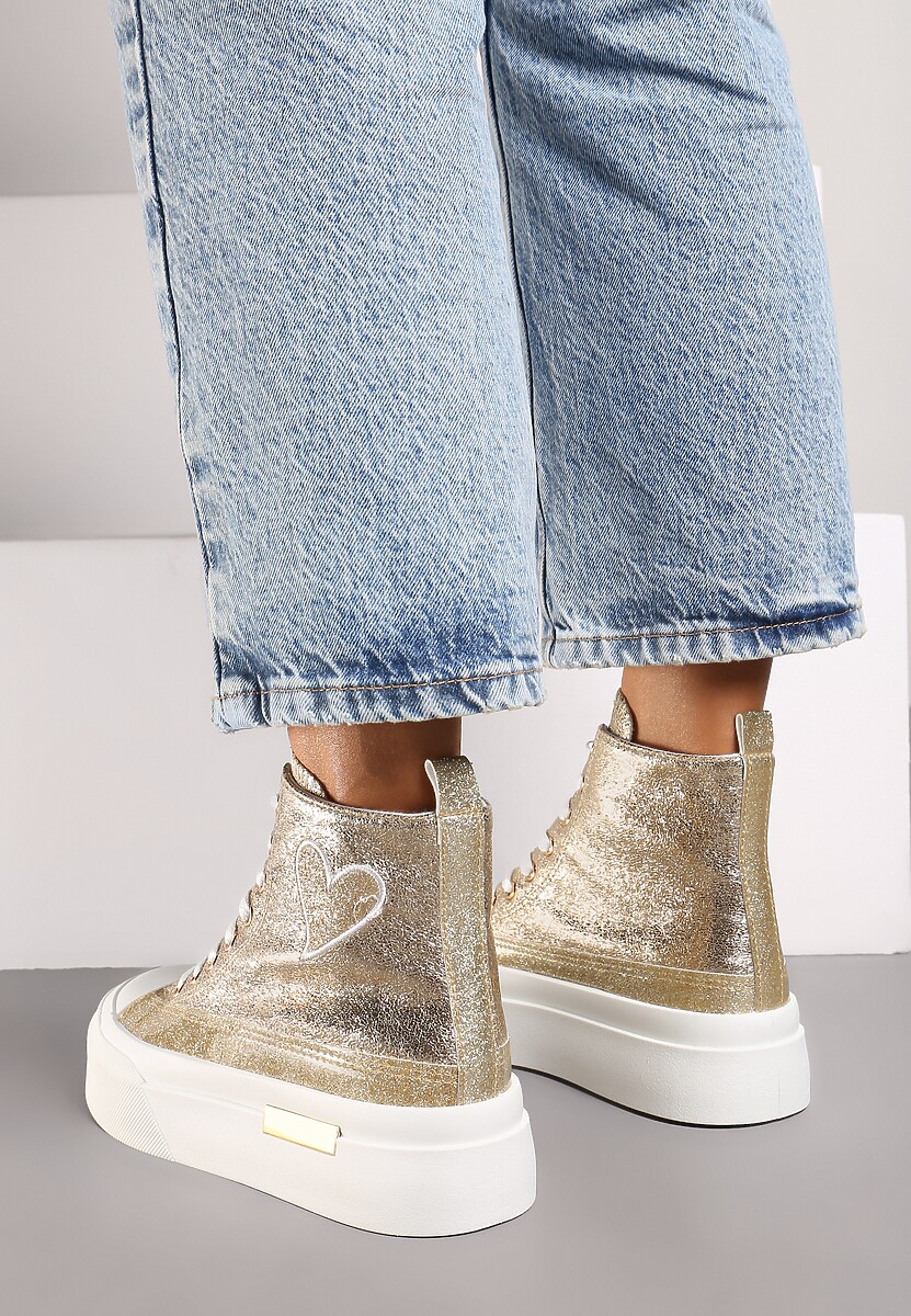 Złote Brokatowe Trampki na Platformie z Cholewką za Kostkę Nevirosa