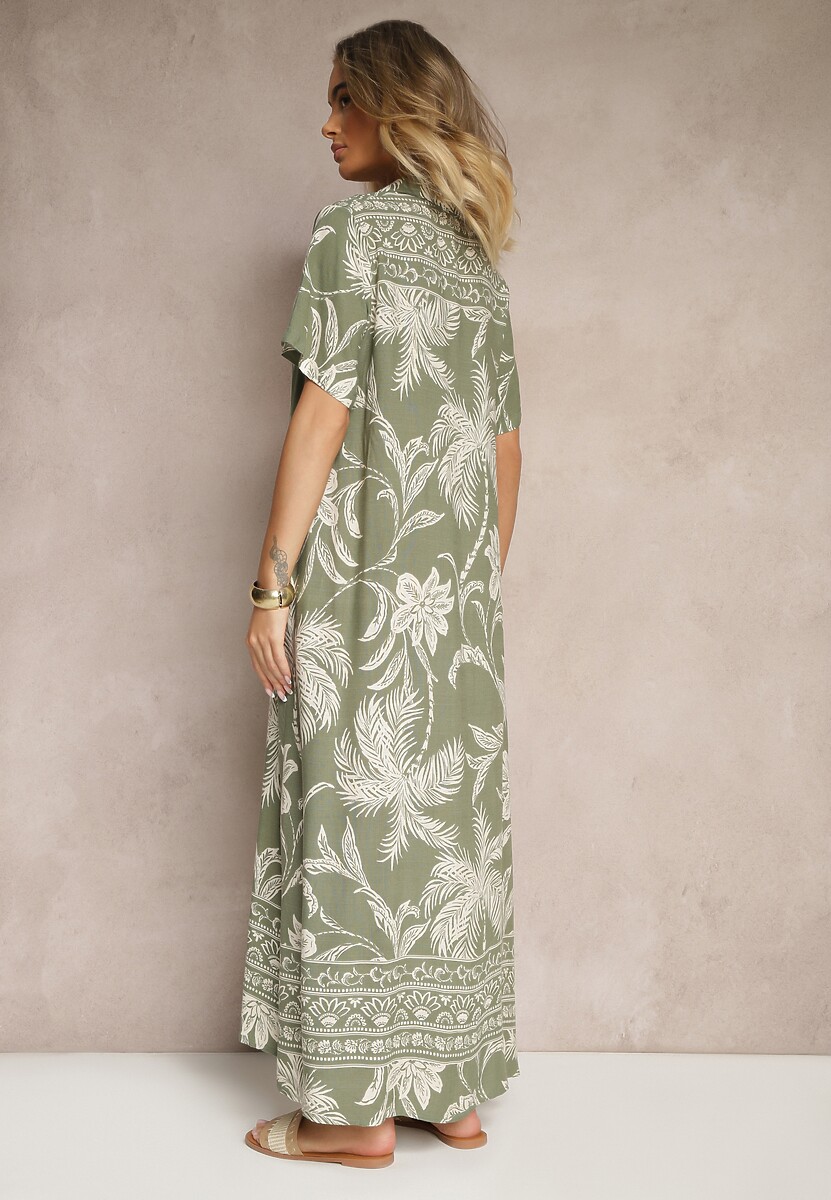 Ciemnozielona Sukienka o Koszulowym Fasonie w Kwiaty z Wiskozy Erathia