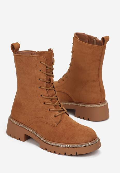 Brązowe Botki Zdobione Paskiem z Cyrkoniami Lyra