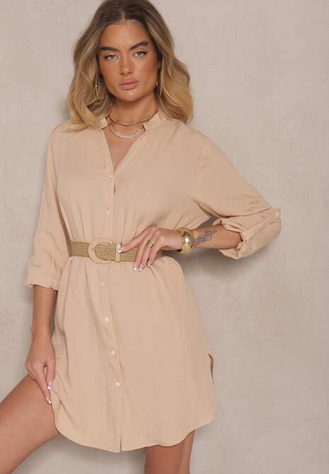Beżowa Pudełkowa Sukienka Bawełniana Oversize z Dekoltem w Serek Elavellis