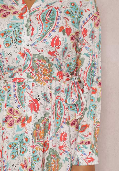 Biała Wiskozowa Sukienka Koszulowa w Roślinny Wzór Phellane