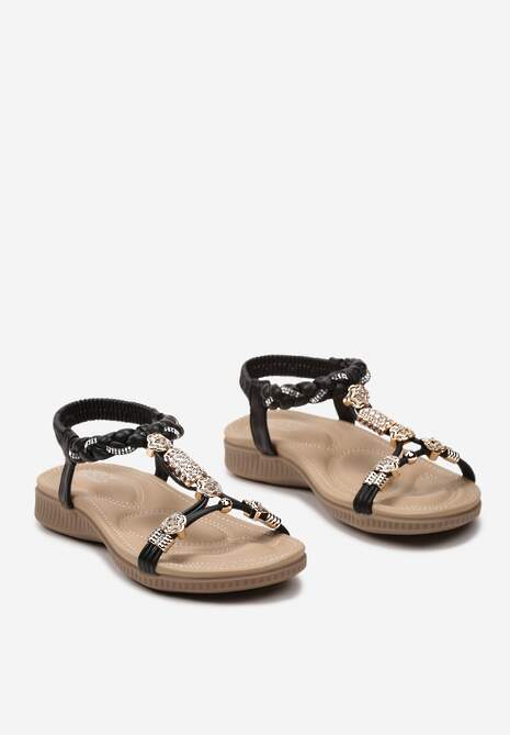 Czarne Sandały z Plecionymi Paskami Ozdobione Cyrkoniami Cirdasa