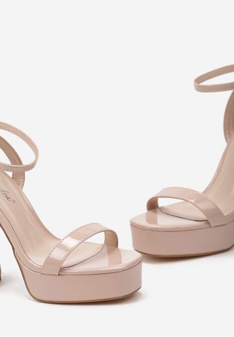 Beżowe Lakierowane Sandały na Wysokim Obcasie z Platformą Ekelia