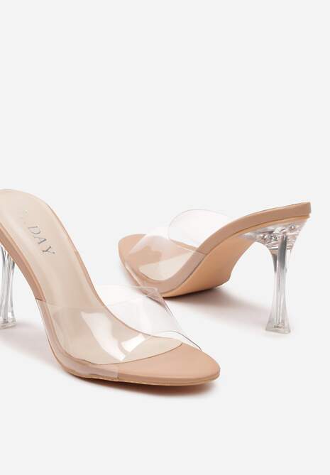 Ciemnobeżowe Transparentne Klapki na Wysokiej Szpilce Vaprese