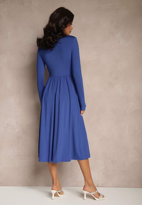 Niebieska Taliowana Sukienka z Usztywnionymi Ramionami Ozdobiona Wycięciem Arfedi