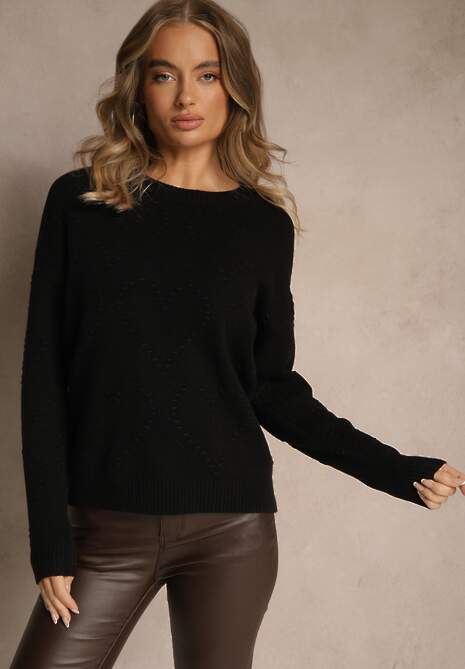 Czarny Sweter z Tłoczonymi Sercami Unareia