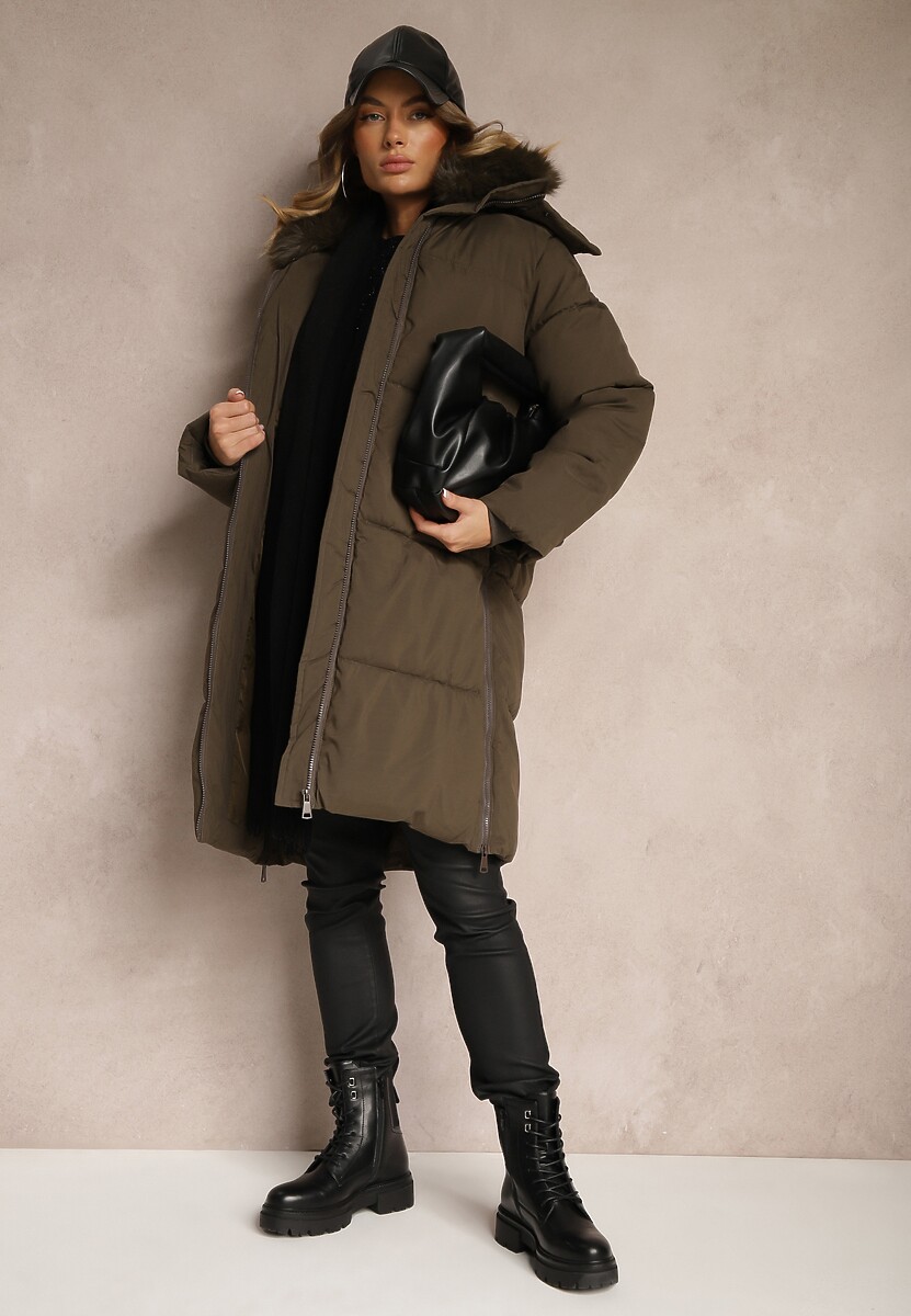 Zielona Kurtka o Długim Kroju z Pikowaniem Odpinanym Futerkiem i Kapturem Vilathra